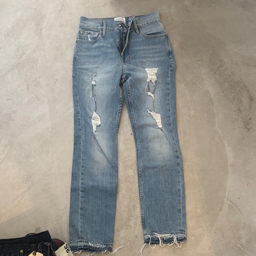 Frame Denim Light Blue Distressed Straight Leg Jeans